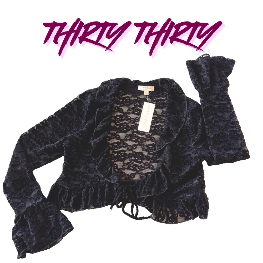 NWT Thirty Thirty LA‎ Black Lace Bolero Shrug Size M Ruffle Bell Sleeves